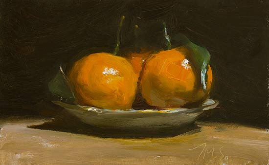 daily painting titled Clementines on a gold rimmed saucer