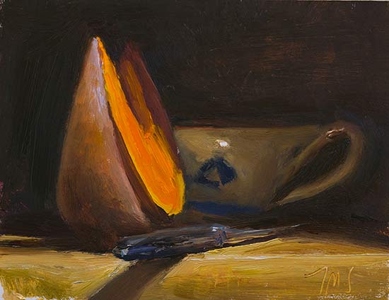 daily painting titled Still life with pumpkin slice, knife and cup