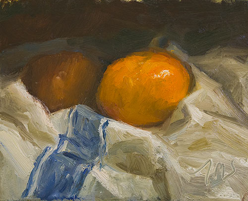 daily painting titled Clementines on a french cloth