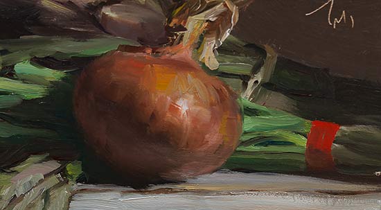 daily painting titled Roscoff onion, spring onions and artichokes
