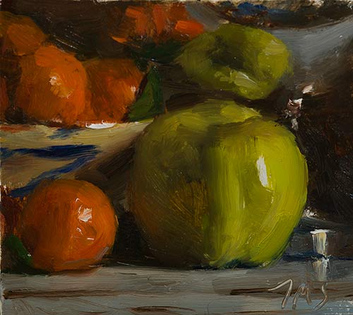 daily painting titled Apple and clementines with silver bowl and cup