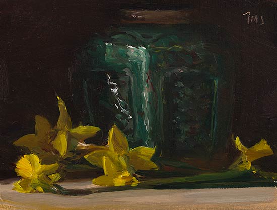 daily painting titled Jonquils and ginger jar