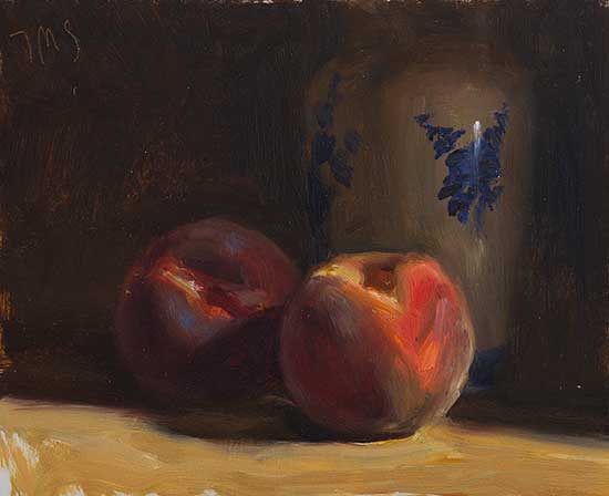 daily painting titled Peaches and Delft vase