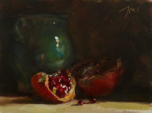 daily painting titled Pomegranate halves and provenÃ§al pot