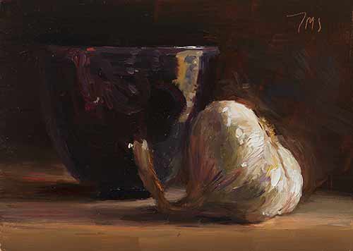 daily painting titled Garlic head with black bowl