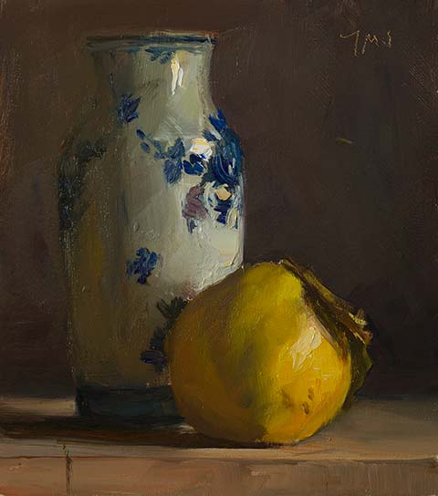 daily painting titled Quince and delft vase
