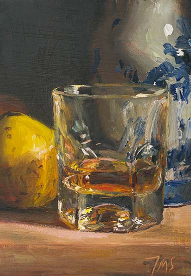 daily painting titled Irish whisky with quince and Delft vase