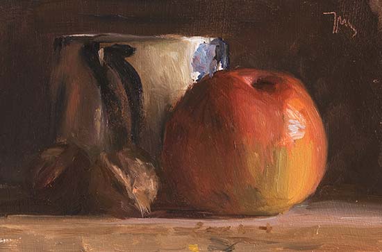 daily painting titled Apple, cup and walnuts