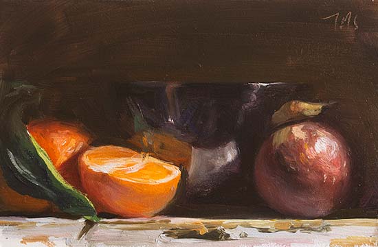 daily painting titled Still life with Black bowl, clementines and mangosteen