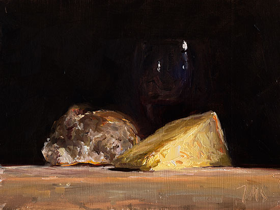 daily painting titled Red wine, bread and Cantal vieux