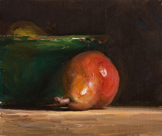 daily painting titled Red pear with provenÃ§al bowl