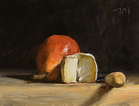 daily painting titled Goats cheese with red pear and knife