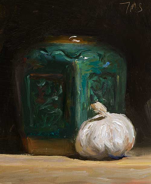 daily painting titled Garlic head and ginger jar
