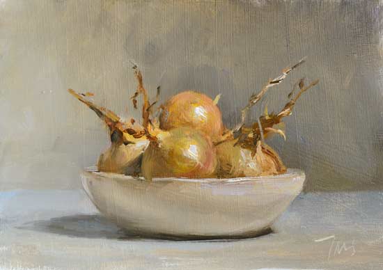 daily painting titled Onions in a white bowl