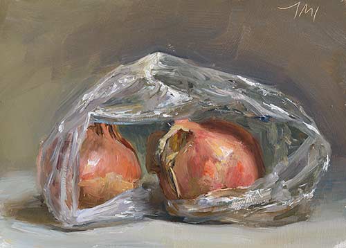 daily painting titled Onions in plastic bag