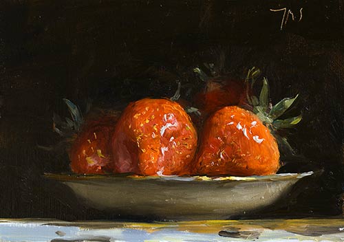daily painting titled Strawberries on a gold rimmed saucer