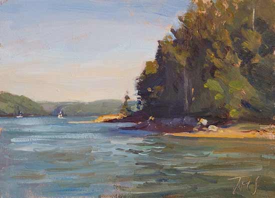 daily painting titled Morning on the Damariscotta river