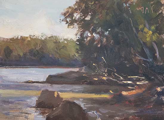 daily painting titled Morning light, Damariscotta river