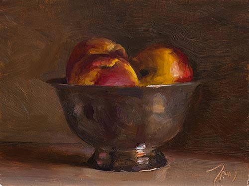 daily painting titled Nectarines in a silver bowl