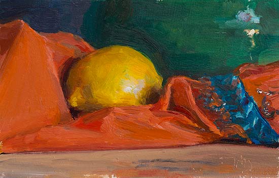 daily painting titled Lemon on a Moroccan cloth