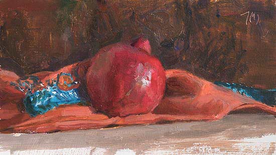 daily painting titled Pomegranate on a Moroccan cloth