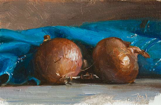 daily painting titled Onions and blue cloth