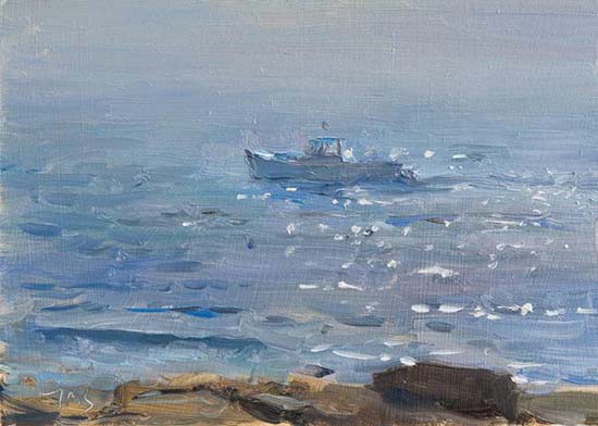 daily painting titled Lobster boat, clearing mist
