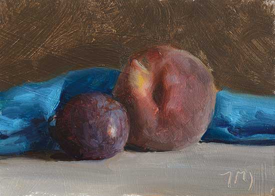 daily painting titled Peach and plum with blue cloth