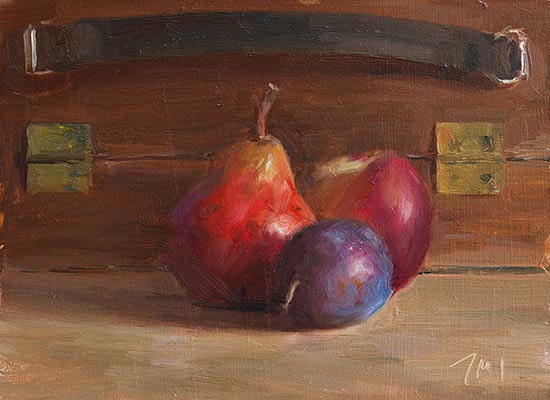 daily painting titled Pear, plum and nectarine with pochade box