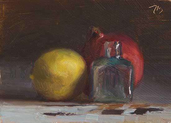 daily painting titled Lemon, bottle and pomegranate