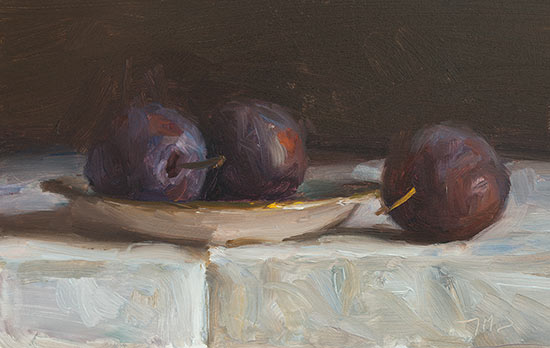 daily painting titled Plums on a gold rimmed saucer 