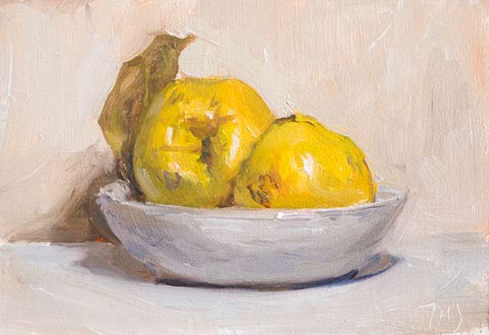 daily painting titled Quinces in a white bowl