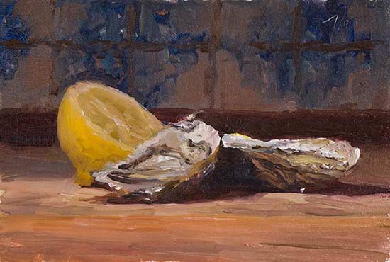 daily painting titled Oysters and lemon half