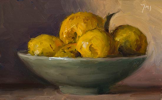 daily painting titled Quinces in a green bowl