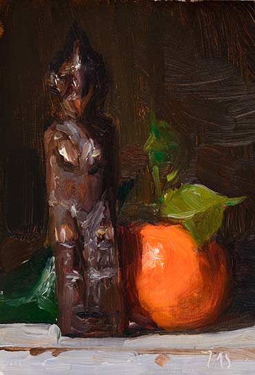daily painting titled Clementine with African figurine
