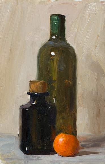 daily painting titled Bottles and clementine