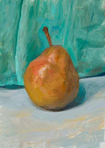 daily painting titled Pear against a blue/green cloth