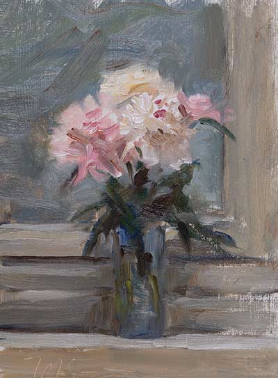 daily painting titled Peonies on a window sill