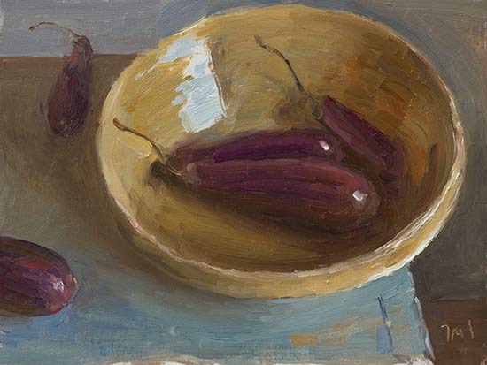 daily painting titled Aubergines in ProvenÃ§al bowl
