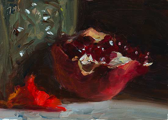 daily painting titled Pomegranate with Nasturtium flower and ginger pot