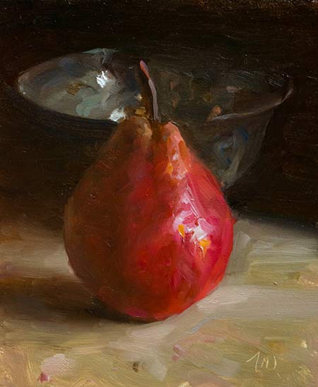 daily painting titled Red pear and silver bowl