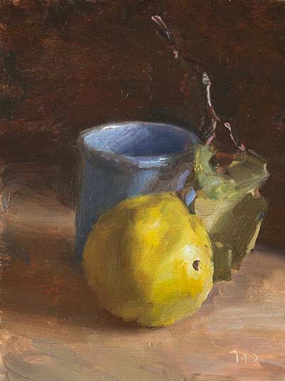 daily painting titled Quince with blue pot