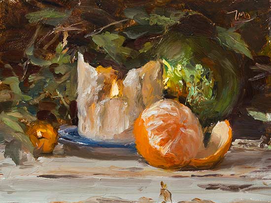 daily painting titled Candle, Ivy, clementine and baubels