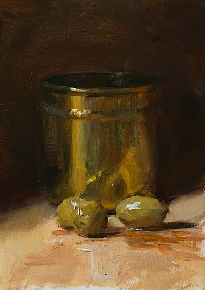daily painting titled Brass pot with olives