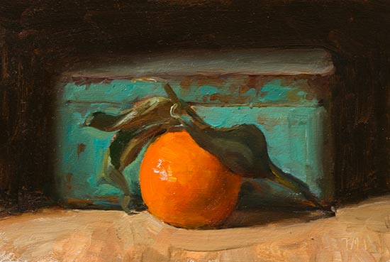 daily painting titled Clementine and blue tin