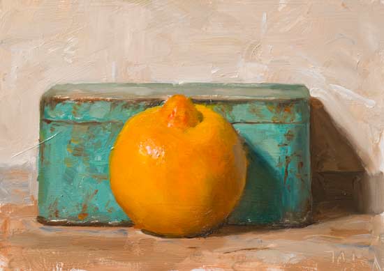 daily painting titled Bergamot and blue tin