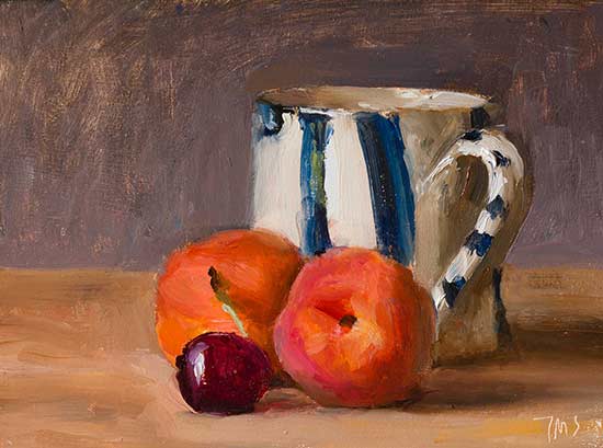 daily painting titled Still life with cup, apricots and cherry