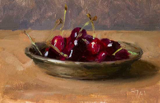daily painting titled Cherries in a pewter dish