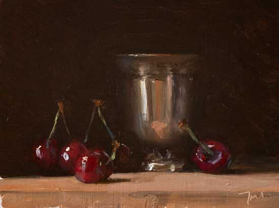 daily painting titled Cherries and silver goblet