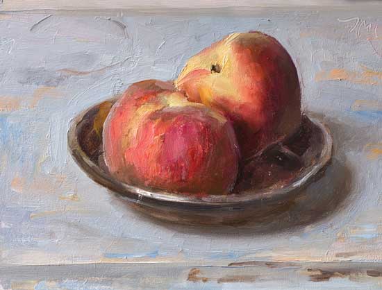 daily painting titled Peaches in silver bowl
